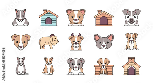 Cute cartoon dogs and doghouses.
