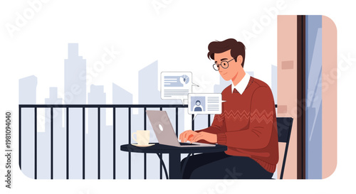 Man working on laptop on balcony with city view, remote work concept