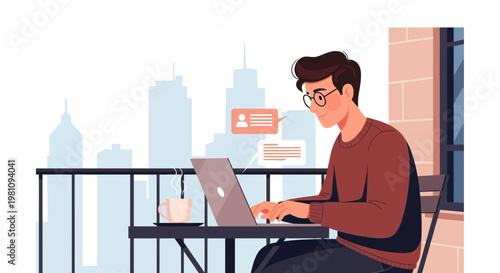 Man working on laptop on balcony with city view, coffee, and notifications