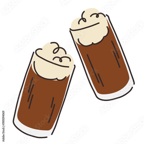 Stylized glass glasses with foaming brown liquid, carbonated cola, fernet, kvass with foam for menu