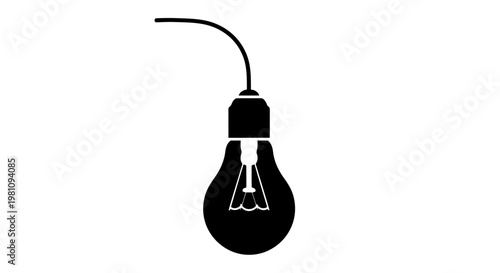 minimalist black light bulb with glowing filament icon on white background