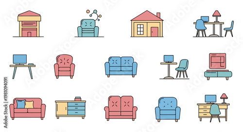 Colorful furniture icons in rows.