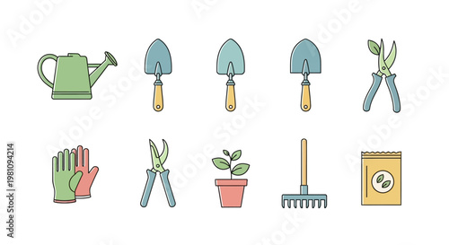 Gardening tools and equipment icons set.