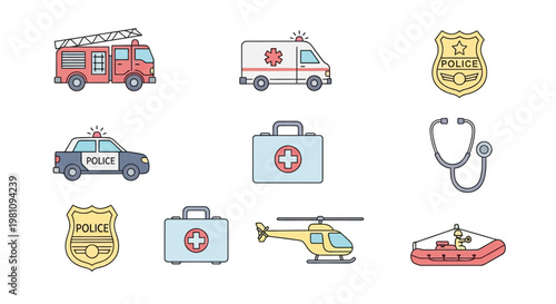 Emergency Medical Response Vehicles Icons.