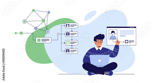 Man working on laptop with network diagram and organizational chart