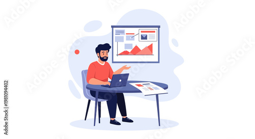 Man working on laptop with presentation chart and graphs on screen, business concept