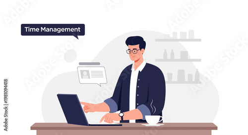 Man working on laptop with Time Management concept, productivity, planning, business