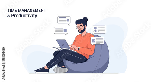 Man working on laptop, bean bag, time management, productivity, remote work, modern illustration