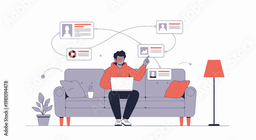 Man working remotely on laptop, connected to digital profiles, data visualization
