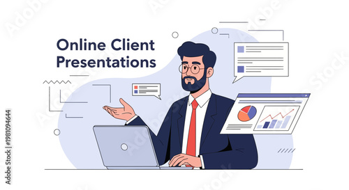 Online Client Presentations: Businessman Presenting Data on Laptop