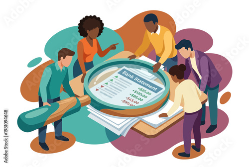Diverse Business Team Analyzing Bank Statement with Magnifying Glass