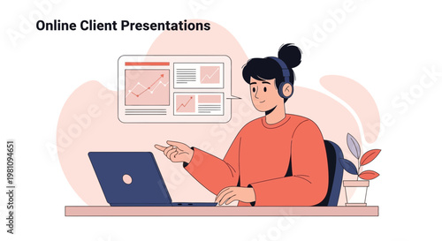 Online Client Presentations: Woman with Headphones Presenting Data on Laptop