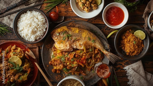 Authentic Indonesian Cuisine A Delicious Spread of Traditional Dishes Including Freshly Cooked Fish, Rice, and Flavorful Curries
