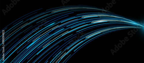 Blue light streaks curve gracefully against black void. Motion flows smoothly, suggesting speed or data transmission