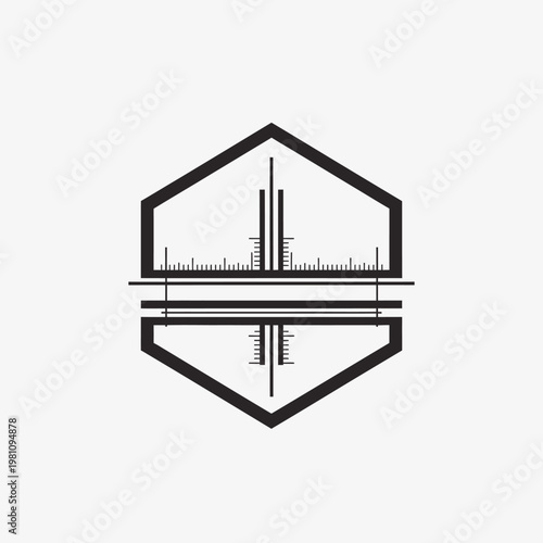 Hexagonal Bridge Structure Logo with Ruler Measurement Marks, Engineering Design Icon, Isolated White Background