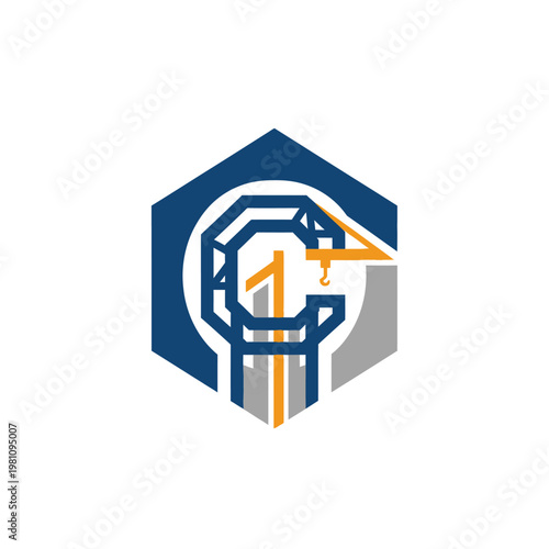 Letter G Construction Crane Hook Hexagon Logo Design in Blue Orange Colors on Isolated White Background