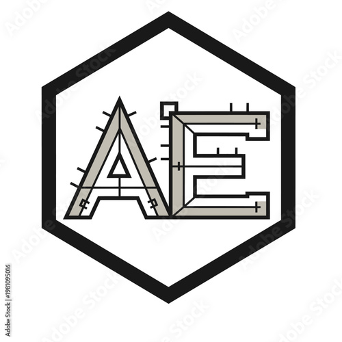 Letters AE Hexagon Logo Design with Architectural Engineering Line Art Details on Isolated White Background