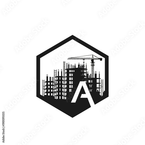 Letter A Hexagon Logo Design with Construction Site and Cityscape Silhouette on Isolated White Background