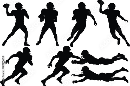 American football player silhouettes set showing running, passing and diving poses, athletic sport action collection, gridiron athlete characters isolated on white background