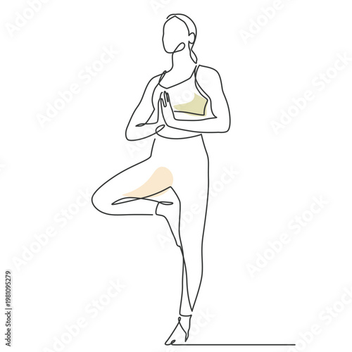 Woman standing doing yoga pose one line drawing. Woman standing doing yoga pose single line illustration. Woman standing doing yoga pose minimalist line art