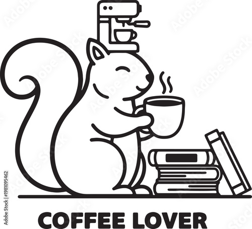 Cute cartoon squirrel character enjoying a hot cup of coffee next to a stack of books with an espresso machine on its head a delightful line art illustration for beverage enthusiasts