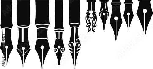 Collection of vintage fountain pen nibs in black and white