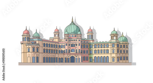 Large Building With Green Domes Architecture.