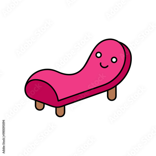 Cute pink chaise lounge chair, cartoon furniture, smiling face, vector illustration, modern home decor