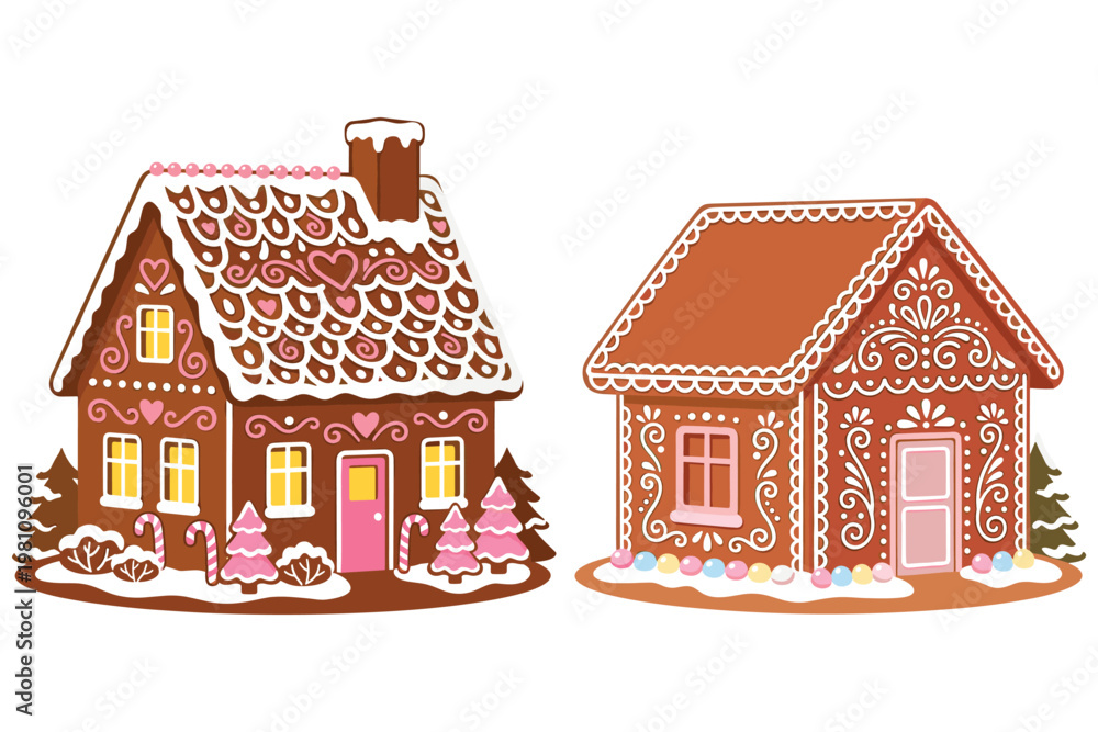 Fototapeta premium Two festive gingerbread houses decorated with white icing pink hearts and candy canes.