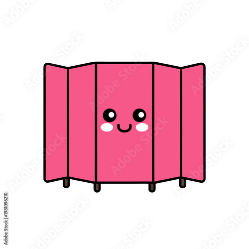 Cute pink folding screen with happy face on transparent background