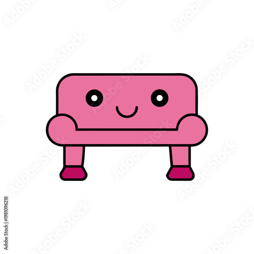 Cartoon pink sofa with a smiling face on transparent background