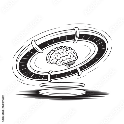 A human brain levitating within a circular futuristic technology ring