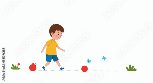 Sad young boy walking alone along a path looking dejected, minimalist cartoon illustration with a red ball and blue butterflies on white.