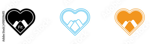 Two overlapping heart shapes in blue and orange with mountain silhouette