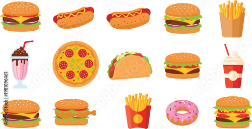 Colorful fast food vector set featuring burgers hot dogs pizza fries milkshake taco donut and soft drink illustrations isolated