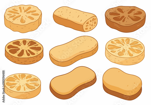 Hand-drawn vector illustration set of dried bael fruit slices, Aegle marmelos, in various angles, isolated on white background.