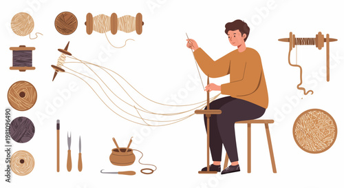 Illustration of a man spinning yarn with traditional tools, surrounded by various spools of thread, balls of wool, and craft equipment.