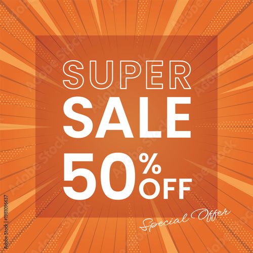 Super Sale 50% Off Orange Sunburst Background, オレンジ 放射線 セール バナー