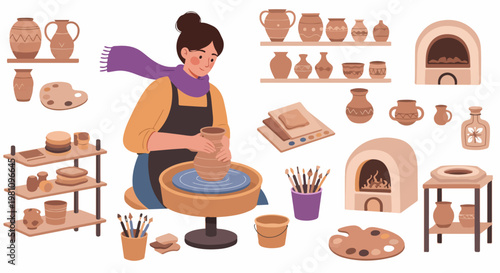 Professional Female Potter Creating Ceramic Art on a Pottery Wheel in a Studio with Various Tools, Kiln, and Vases Illustration