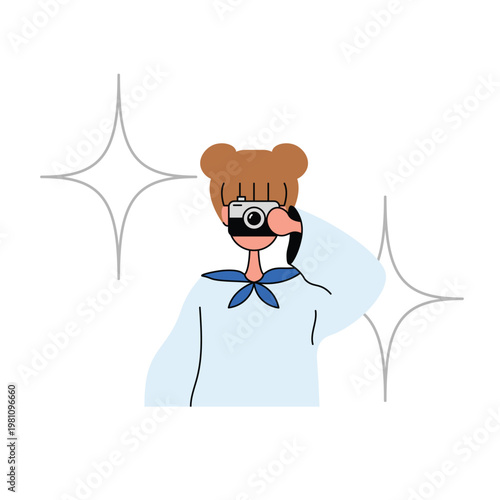 Young girl holding vintage camera taking a photo with sparkling stars. Female photographer with bun hairstyle capturing a moment. Student in uniform using photo camera.