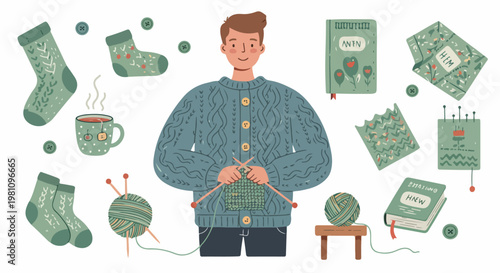 Hand-drawn vector illustration of a man knitting at home with yarn balls, knitted socks, books, and a cup of tea in a cozy atmosphere.
