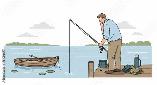 Illustration of a man fishing from a wooden pier on a calm lake with a rowing boat and fishing gear nearby.
