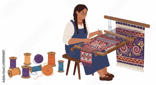 Flat illustration of an artisan woman weaving a traditional patterned rug on a manual wooden loom surrounded by colorful yarn spools.