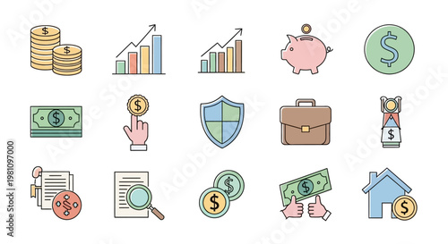 Financial icons and money symbols.