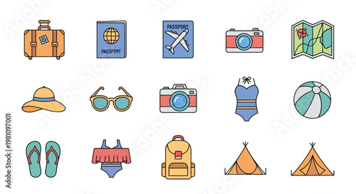 Colorful travel icons and symbols.