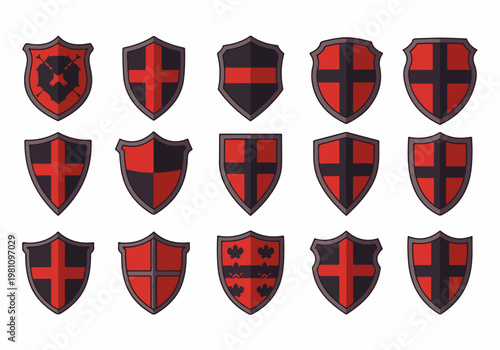 Set of 15 Medieval Heraldic Shields in Red and Black Colors for Game Assets, Icons, or Graphic Design Elements