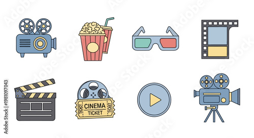 Cinema film movie camera icons set.