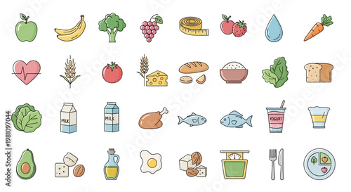 Food and drink icons on white.