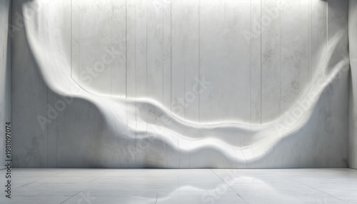 Minimalist abstract 3d rendering shows organic wave shapes on concrete wall. Smooth light reflects off textured surface and tiled floor. Modern interior space with dramatic shadows.