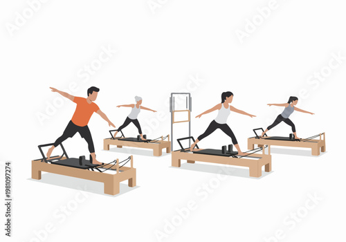 Flat vector illustration of a diverse group of people practicing Pilates on reformer machines, isolated on a white background.